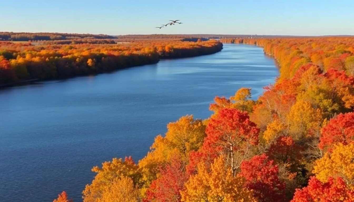 Fall-colors-at-Mississippi-River-Islands-National-Wildlife-Refuge-with-migrating-birds-flying Fall colors at Mississippi River Islands National Wildlife Refuge with migrating birds flying overhead