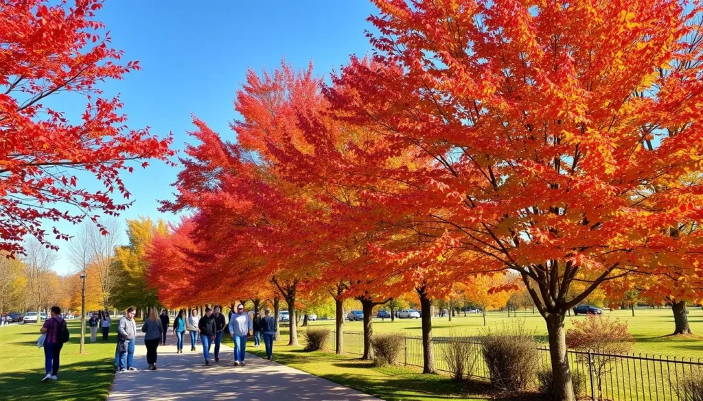 Fall colors in Galesburg, Illinois with vibrant autumn leaves on trees lining a park path Fall colors in Galesburg, Illinois with vibrant autumn leaves on trees lining a park path