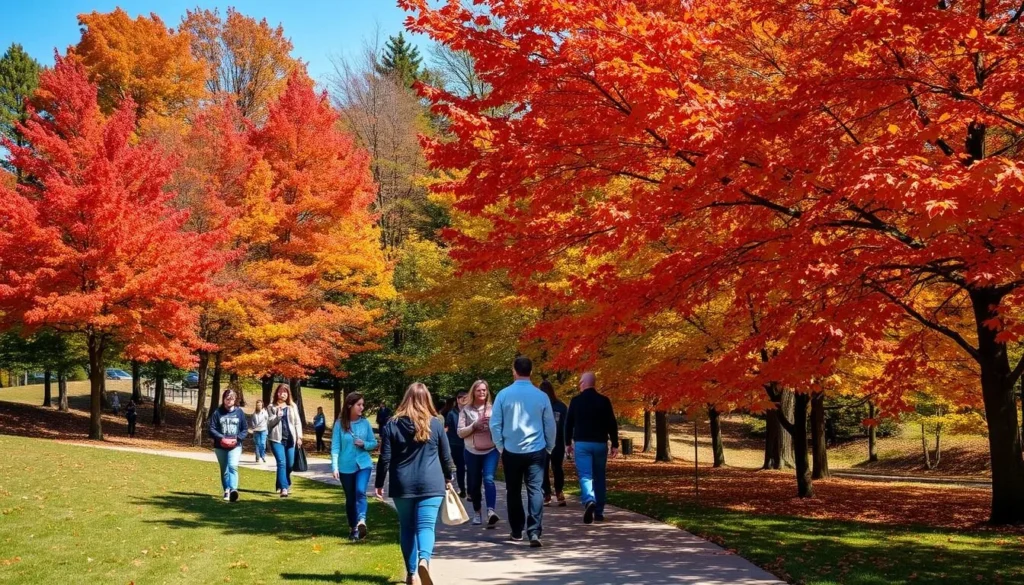 Fall colors in Lower Macungie Park with visitors enjoying the scenery Fall colors in Lower Macungie Park with visitors enjoying the scenery