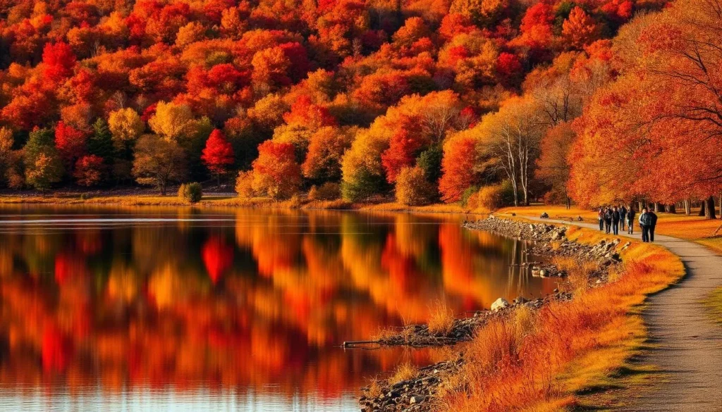Fall colors reflecting on Lake Marburg at Codorus State Park with hikers enjoying the autumn scenery Fall colors reflecting on Lake Marburg at Codorus State Park with hikers enjoying the autumn scenery