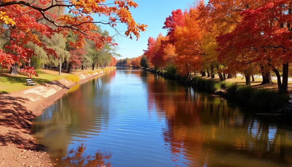 Fall foliage along Bayou Macon Louisiana with colorful trees reflecting in the water Fall foliage along Bayou Macon Louisiana with colorful trees reflecting in the water