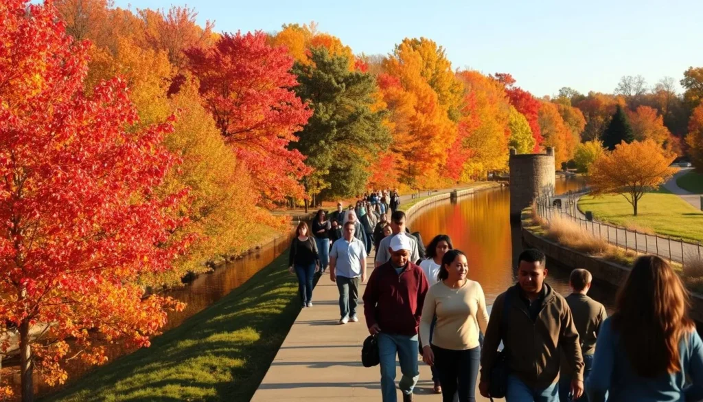 Fall foliage along the Illinois and Michigan Canal State Park with vibrant autumn colors reflecting in the water Fall foliage along the Illinois and Michigan Canal State Park with vibrant autumn colors reflecting in the water