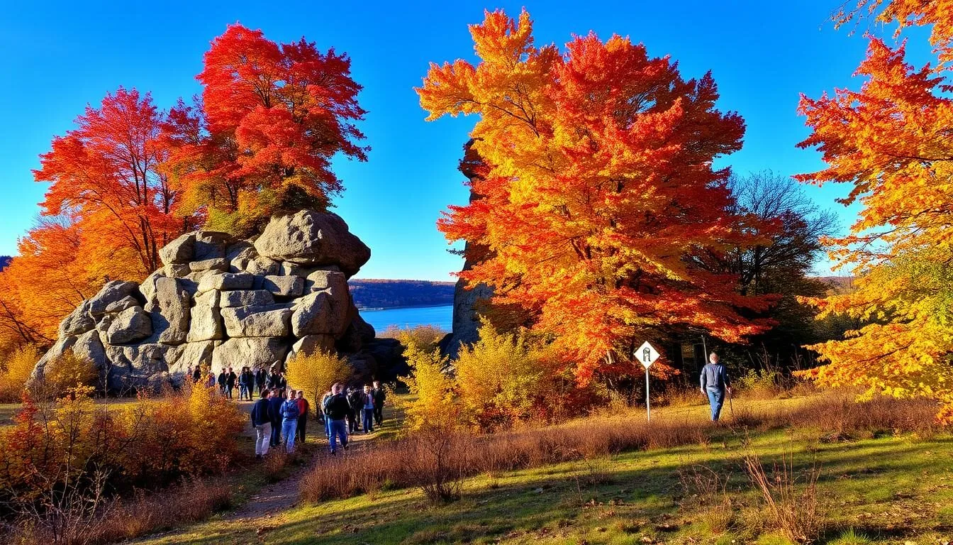 Fall-foliage-at-Castle-Rock-State-Park-Illinois-with-vibrant-autumn-colors-surrounding-the-rock Fall foliage at Castle Rock State Park Illinois with vibrant autumn colors surrounding the rock formations