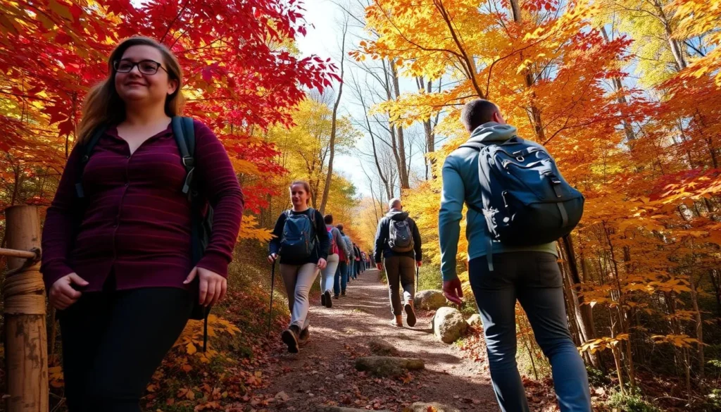 Fall foliage at Laurel Ridge State Park with hikers enjoying the colorful autumn landscape Fall foliage at Laurel Ridge State Park with hikers enjoying the colorful autumn landscape