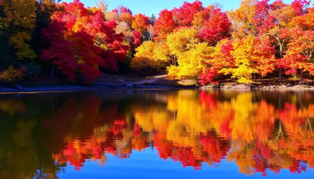 Fall foliage at Memorial Lake State Park with colorful autumn trees reflecting in the water Fall foliage at Memorial Lake State Park with colorful autumn trees reflecting in the water