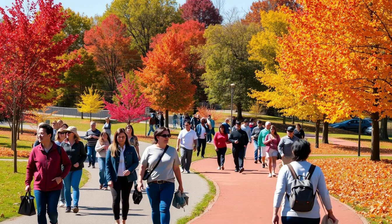 Fall-foliage-in-Lower-Makefield-Park-with-visitors-enjoying-the-colorful-scenery Fall foliage in Lower Makefield Park with visitors enjoying the colorful scenery