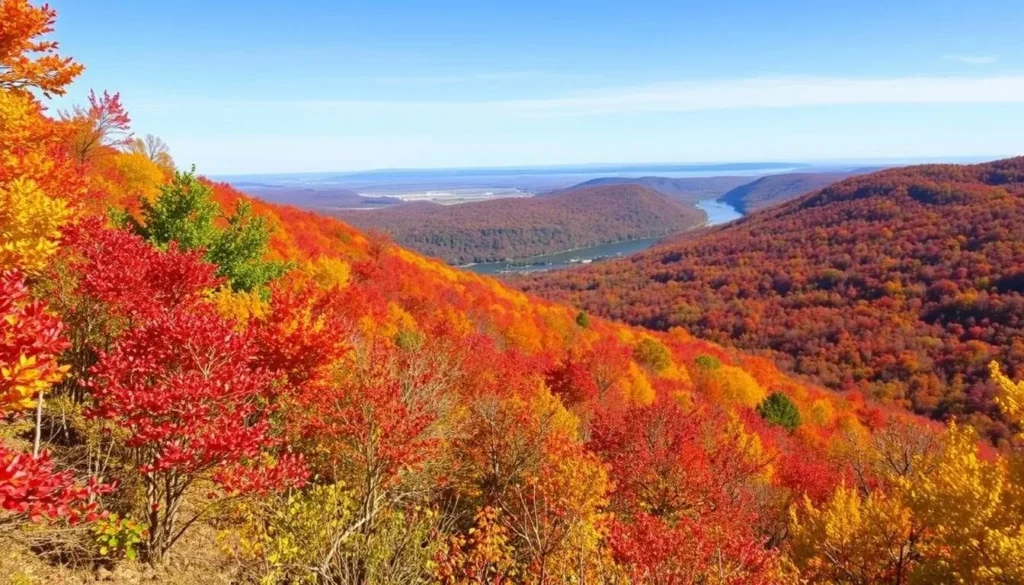 Fall foliage on Peters Mountain with vibrant autumn colors covering the hillside