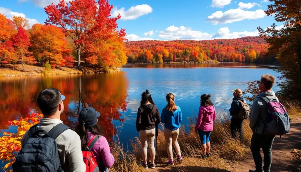 Fall foliage reflecting in Promised Land Lake with hikers enjoying the view Fall foliage reflecting in Promised Land Lake with hikers enjoying the view