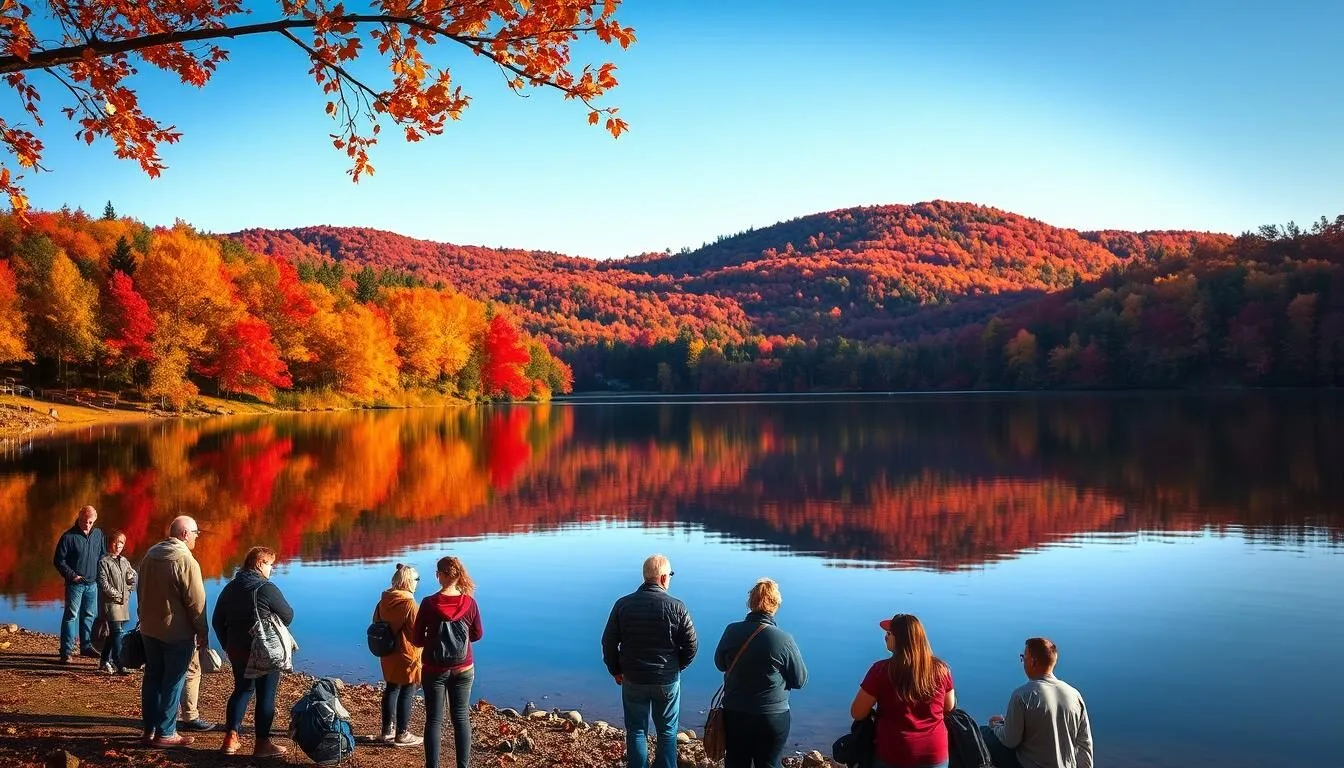 Fall-foliage-surrounding-Lake-Hemlock-Pennsylvania-with-vibrant-autumn-colors Fall foliage surrounding Lake Hemlock Pennsylvania with vibrant autumn colors