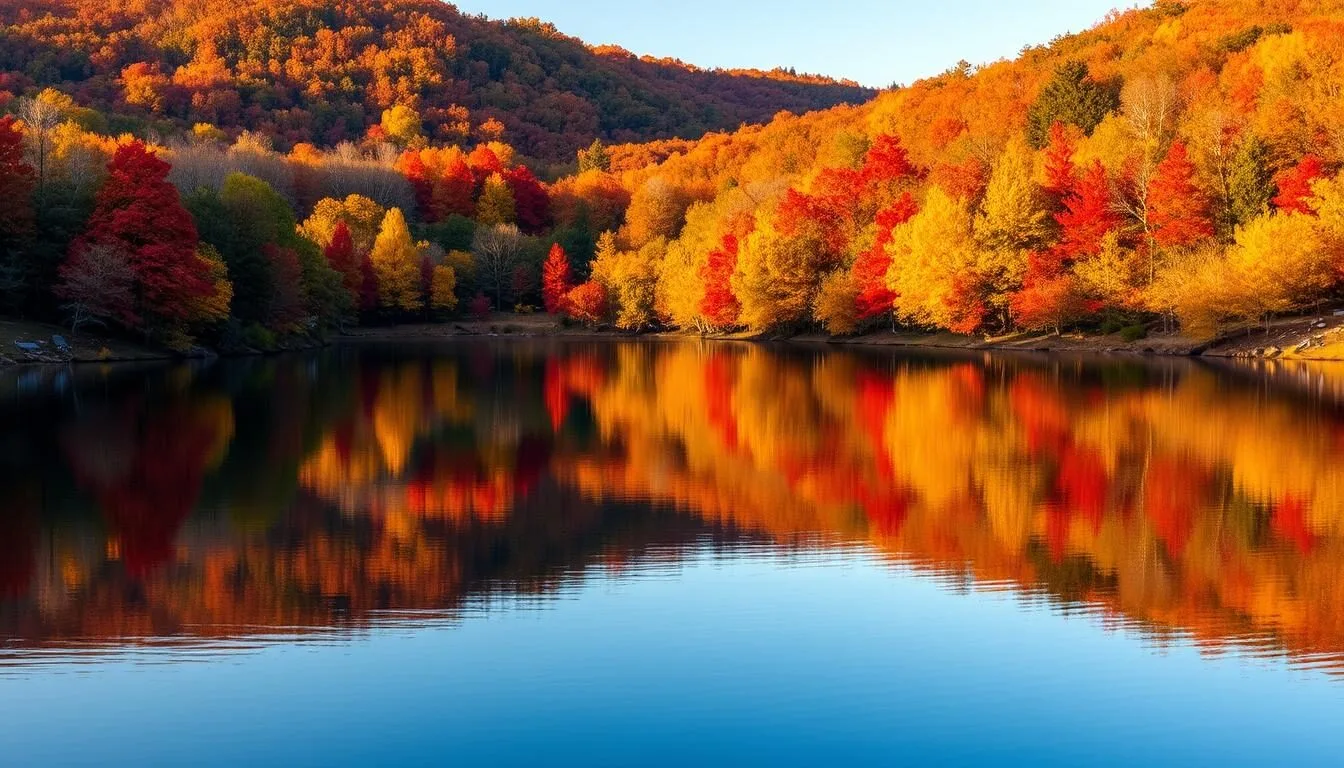 Fall-foliage-surrounding-Lake-Jean-Pennsylvania-with-colorful-trees Fall foliage surrounding Lake Jean Pennsylvania with colorful trees