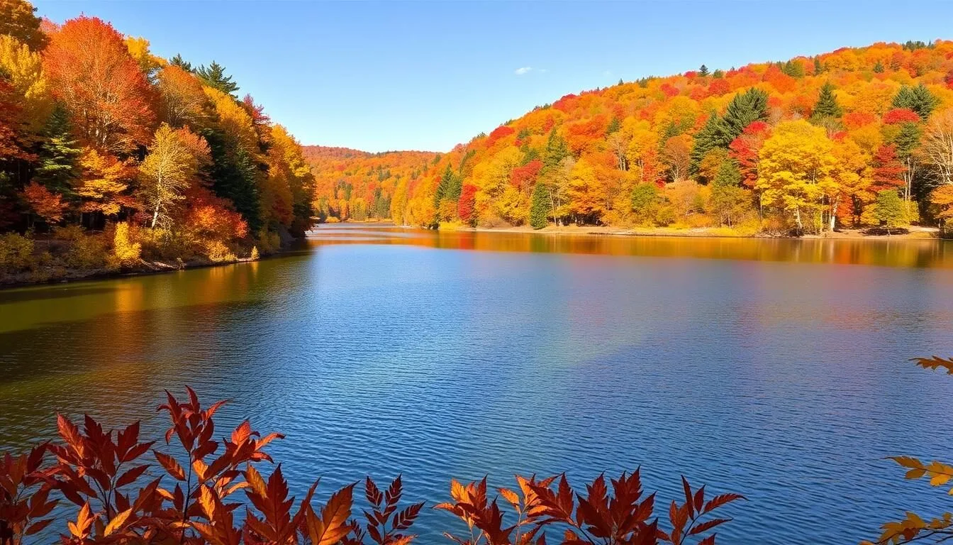 Fall-foliage-surrounding-Laurel-Lake-Pennsylvania-with-vibrant-autumn-colors Fall foliage surrounding Laurel Lake, Pennsylvania with vibrant autumn colors