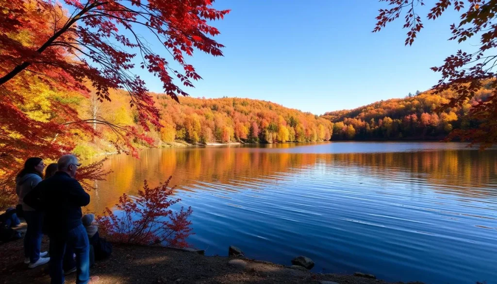 Fall foliage surrounding Parker Lake at Parker Dam State Park