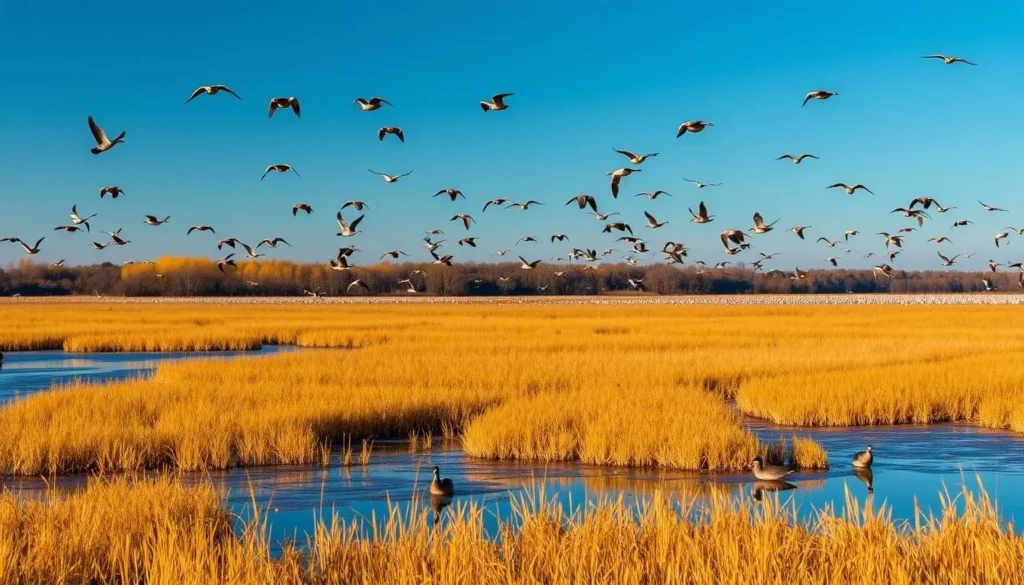 Fall scene at Cameron Prairie National Wildlife Refuge showing golden marsh grasses and waterfowl