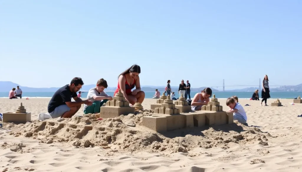 Families building sandcastles on Robert W. Crown Memorial State Beach Families building sandcastles on Robert W. Crown Memorial State Beach