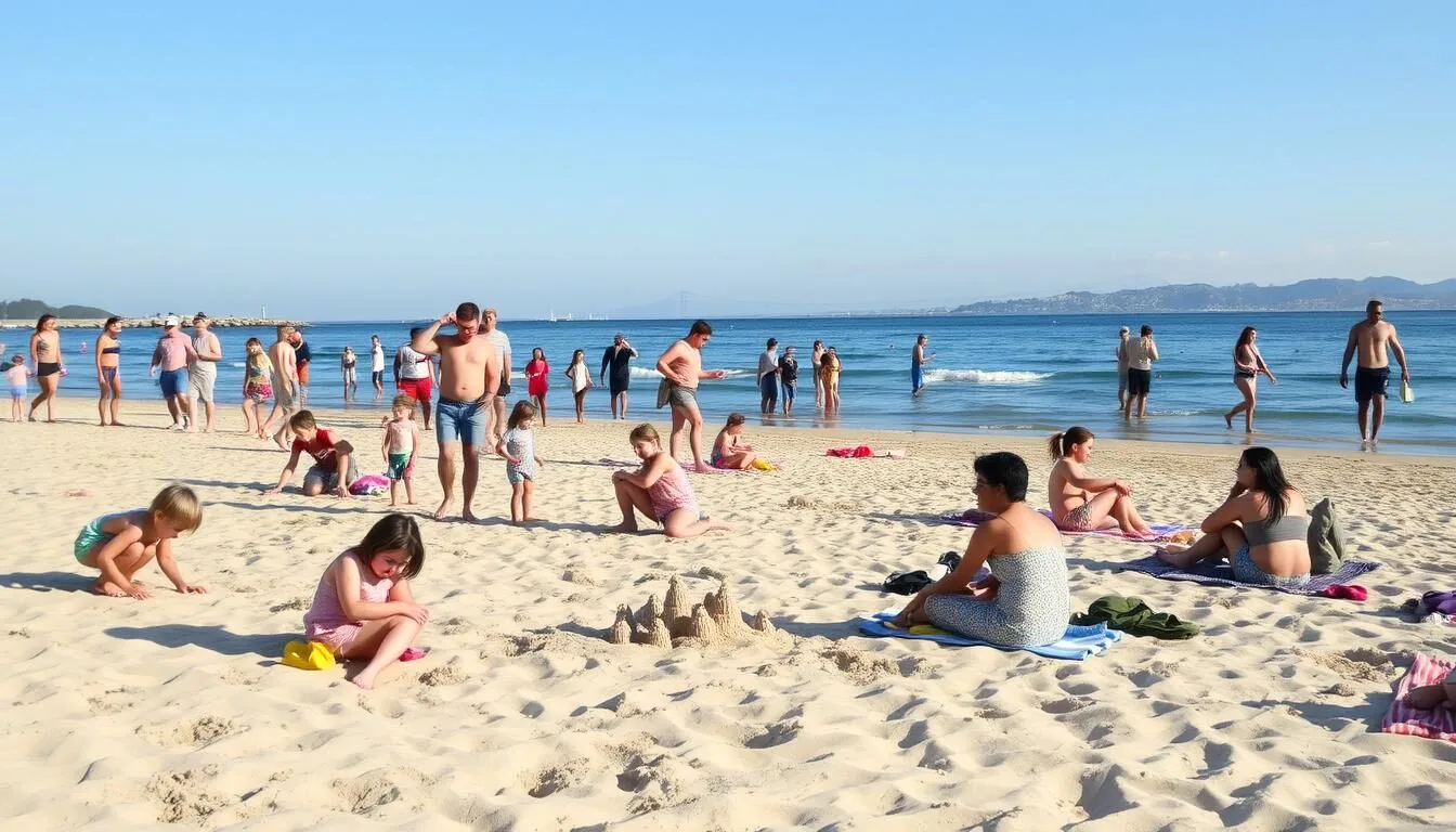 Families-enjoying-Robert-W.-Crown-Memorial-State-Beach-on-a-warm-summer-day-with-clear-skies Families enjoying Robert W. Crown Memorial State Beach on a warm summer day with clear skies