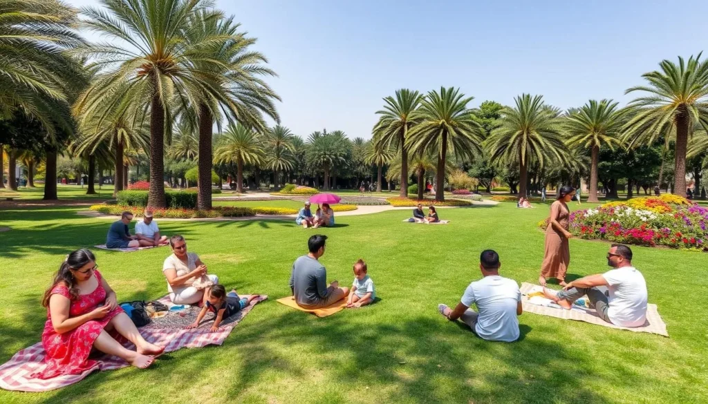 Families enjoying a picnic in Almalahaa Park (French Gardens) in Ismailia