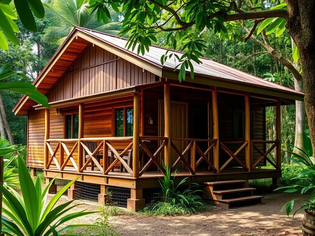Family cabin exterior at Sloth Island Nature Resort surrounded by tropical vegetation
