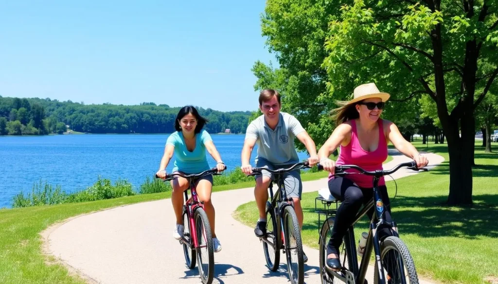 Family cycling on the paved Bicycle Trail around Locust Lake Family cycling on the paved Bicycle Trail around Locust Lake