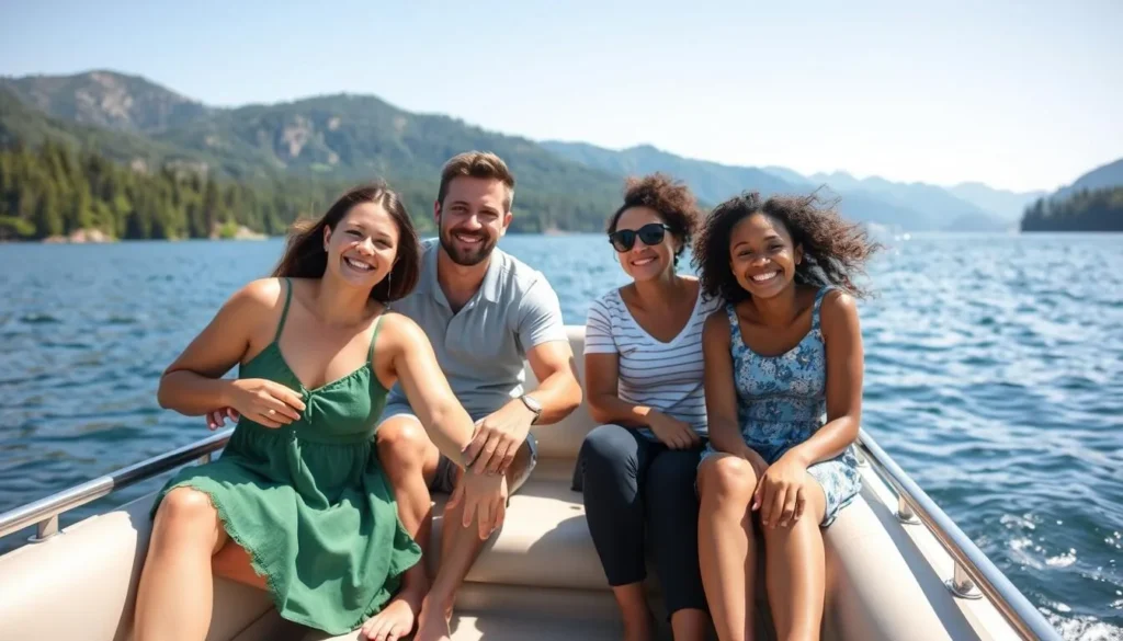Family enjoying a boat ride on Lake Genero with mountains in the background Family enjoying a boat ride on Lake Genero with mountains in the background