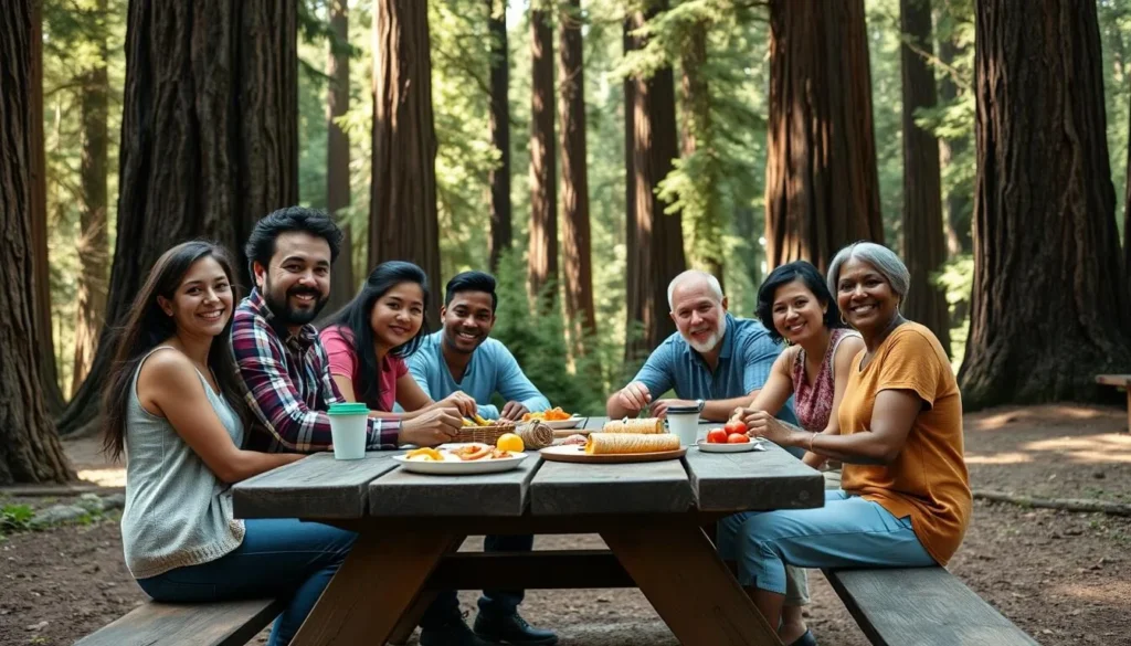 Family enjoying a picnic among redwood trees in Humboldt Redwoods State Park Family enjoying a picnic among redwood trees in Humboldt Redwoods State Park