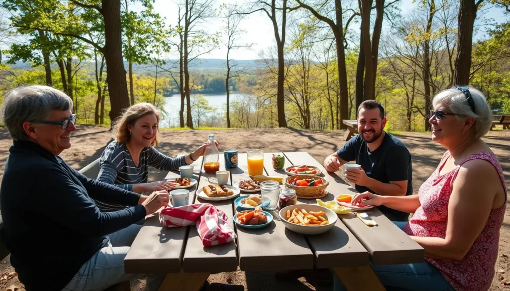 Family enjoying a picnic at Codorus State Park with Lake Marburg view Family enjoying a picnic at Codorus State Park with Lake Marburg view