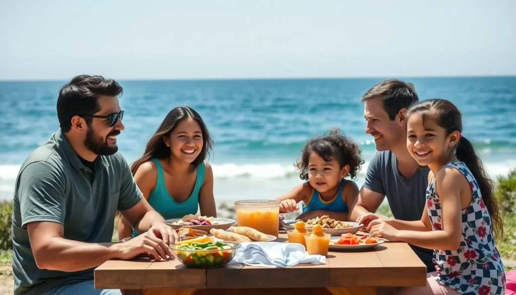 Family enjoying a picnic at Crystal Cove State Park with beach and ocean views Family enjoying a picnic at Crystal Cove State Park with beach and ocean views