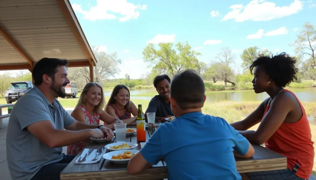 Family enjoying a picnic at Fred Gannon Rocky Bayou State Park with bayou view in background Family enjoying a picnic at Fred Gannon Rocky Bayou State Park with bayou view in background