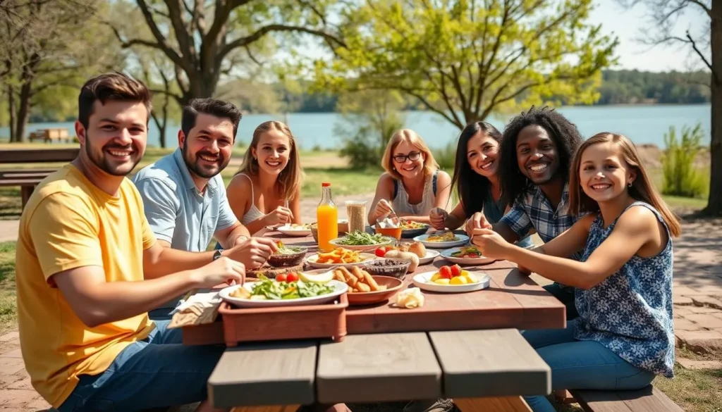 Family enjoying a picnic at Horseshoe Lake State Park Illinois with lake view Family enjoying a picnic at Horseshoe Lake State Park Illinois with lake view