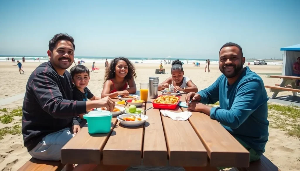 Family enjoying a picnic at Huntington State Beach with beach amenities visible in the background Family enjoying a picnic at Huntington State Beach with beach amenities visible in the background