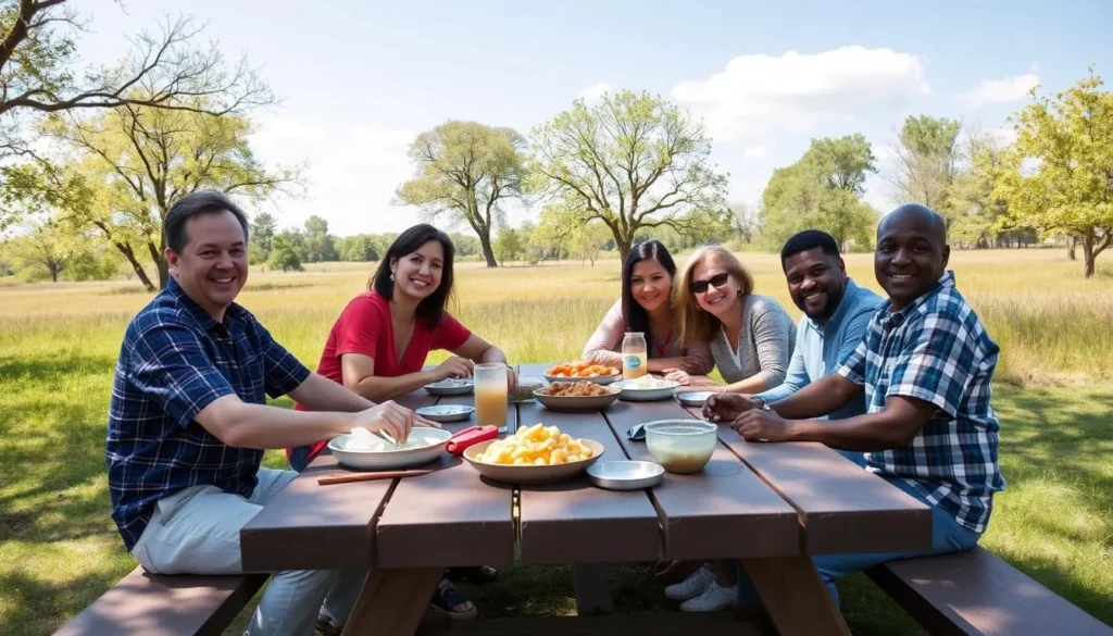 Family enjoying a picnic at James Pate Philip State Park with diverse visitors Family enjoying a picnic at James Pate Philip State Park with diverse visitors