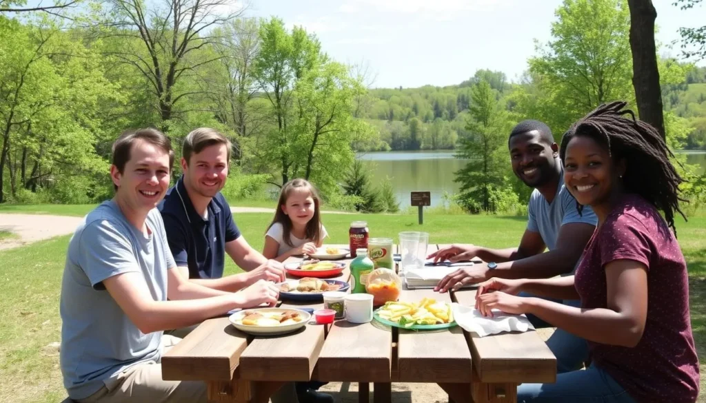 Family enjoying a picnic at Johnson-Sauk Trail Nature Preserve with lake view Family enjoying a picnic at Johnson-Sauk Trail Nature Preserve with lake view