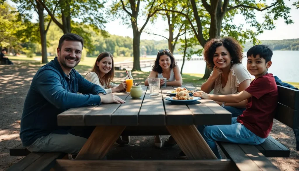 Family enjoying a picnic at Lackawanna State Park with lake view in the background Family enjoying a picnic at Lackawanna State Park with lake view in the background