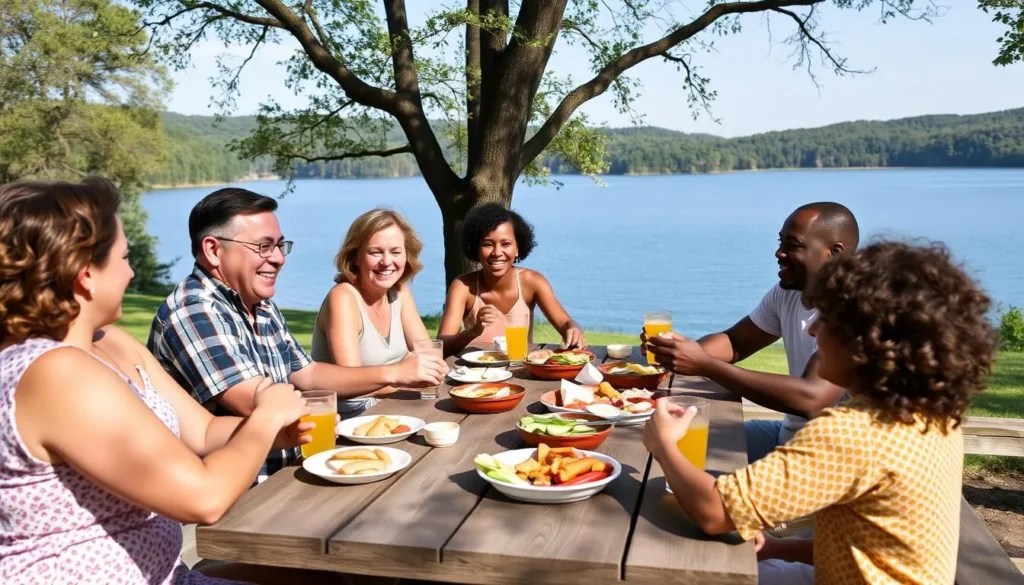 Family enjoying a picnic at Laurel Hill State Park with lake view Family enjoying a picnic at Laurel Hill State Park with lake view