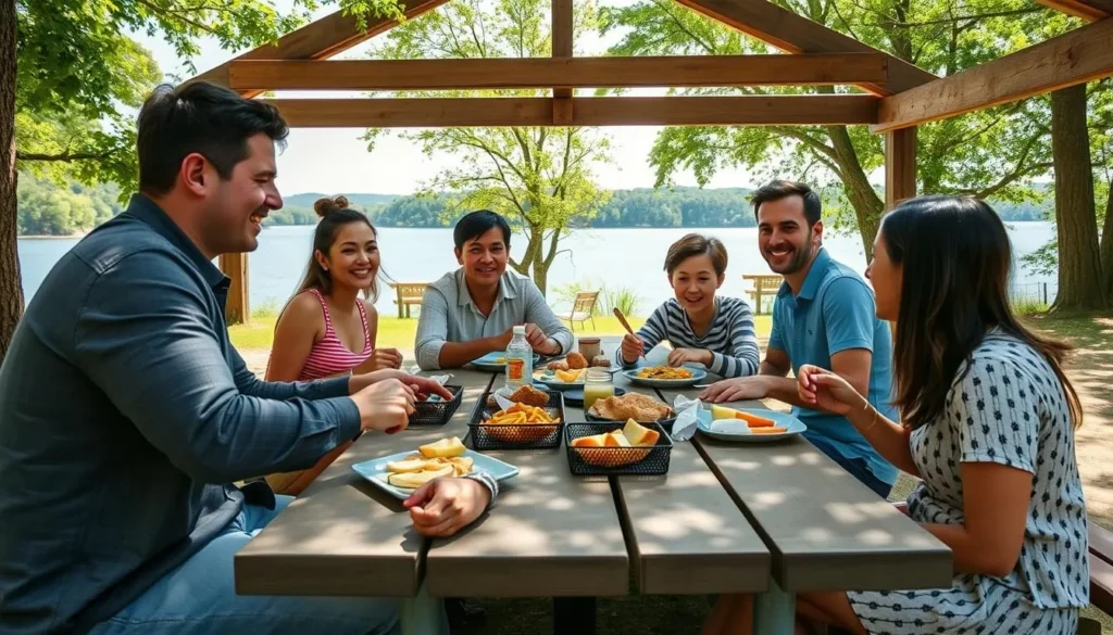Family enjoying a picnic at Locust Lake State Park with lake view in background Family enjoying a picnic at Locust Lake State Park with lake view in background