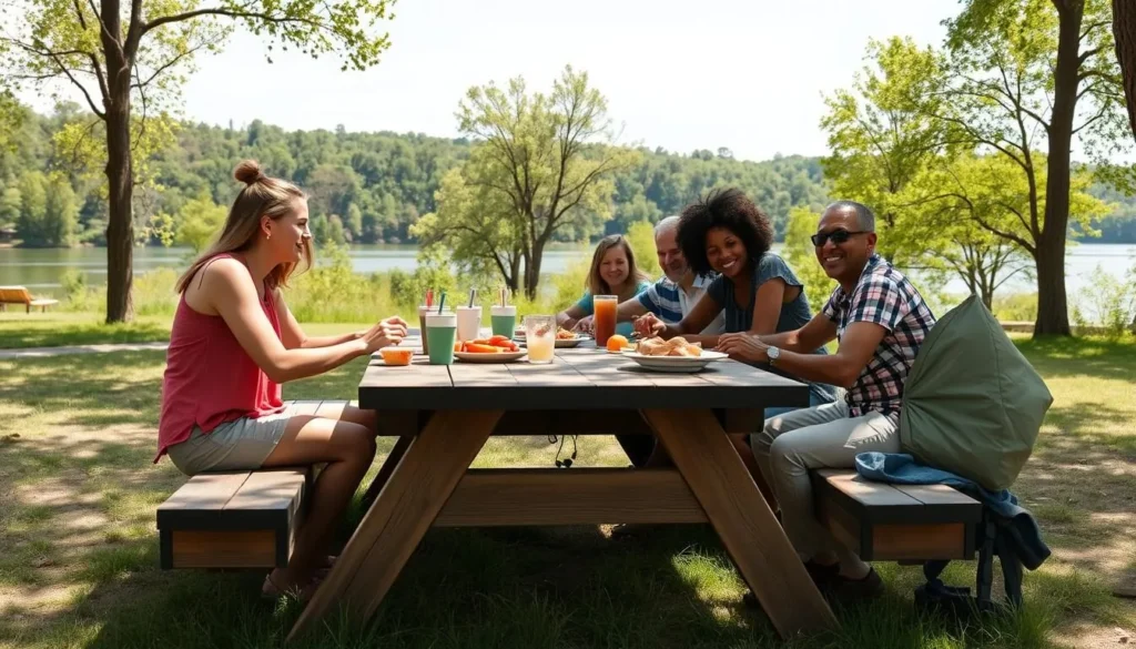Family enjoying a picnic at Lyman Run State Park with lake view Family enjoying a picnic at Lyman Run State Park with lake view