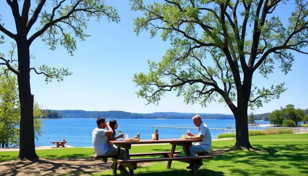 Family enjoying a picnic at Memorial Lake State Park with the lake in the background Family enjoying a picnic at Memorial Lake State Park with the lake in the background