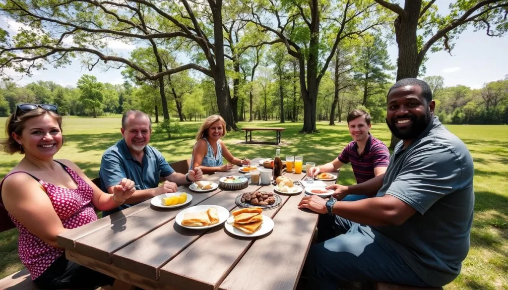 Family enjoying a picnic at Middle Fork State Park with food spread out on a picnic table under trees Family enjoying a picnic at Middle Fork State Park with food spread out on a picnic table under trees