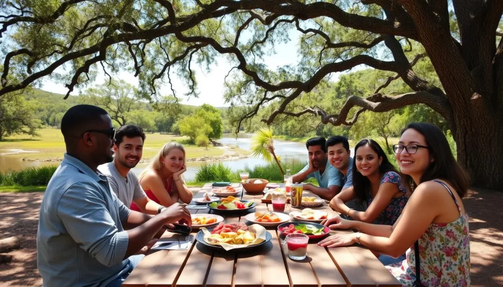 Family enjoying a picnic at Oscar Scherer State Park under shady trees