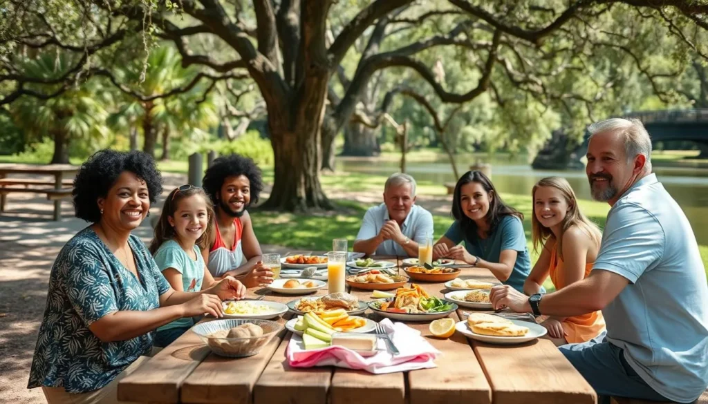 Family enjoying a picnic at Troy Spring State Park with food spread out on a picnic table Family enjoying a picnic at Troy Spring State Park with food spread out on a picnic table