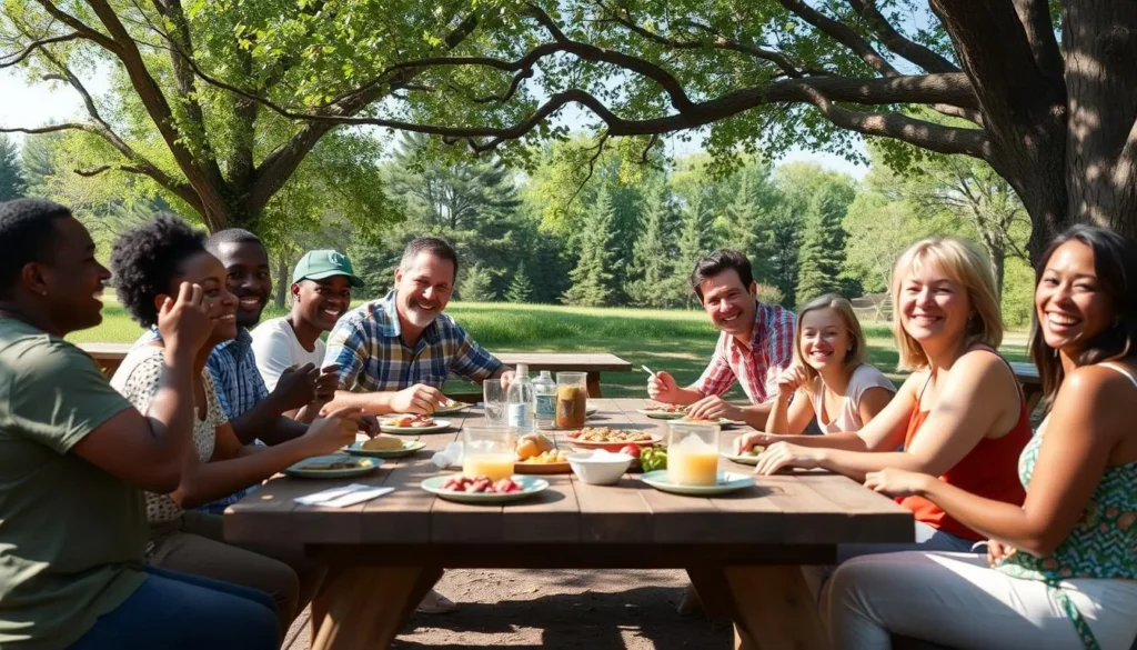 Family enjoying a picnic at one of Jim Edgar Panther Creek State Park's designated picnic areas Family enjoying a picnic at one of Jim Edgar Panther Creek State Park's designated picnic areas