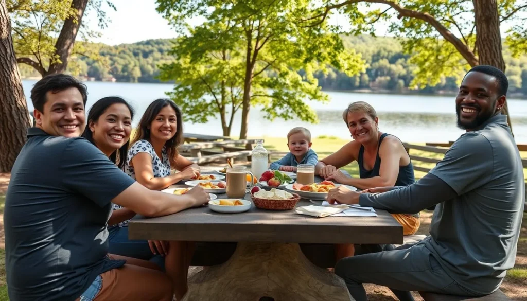 Family enjoying a picnic at one of Lake Nockamixon's designated picnic areas with the lake in the background Family enjoying a picnic at one of Lake Nockamixon's designated picnic areas with the lake in the background