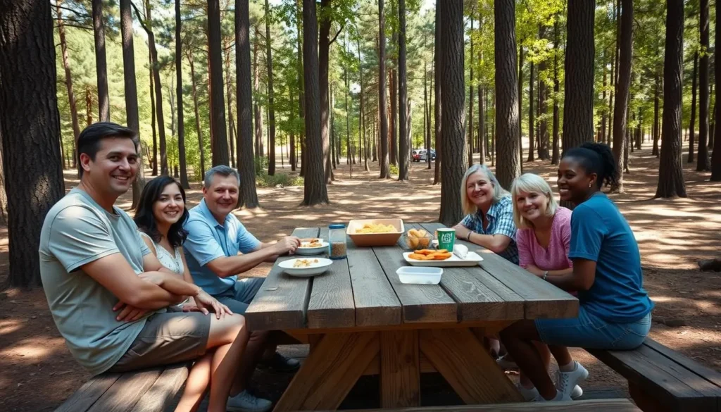 Family enjoying a picnic at one of Parker Dam State Park's designated picnic areas