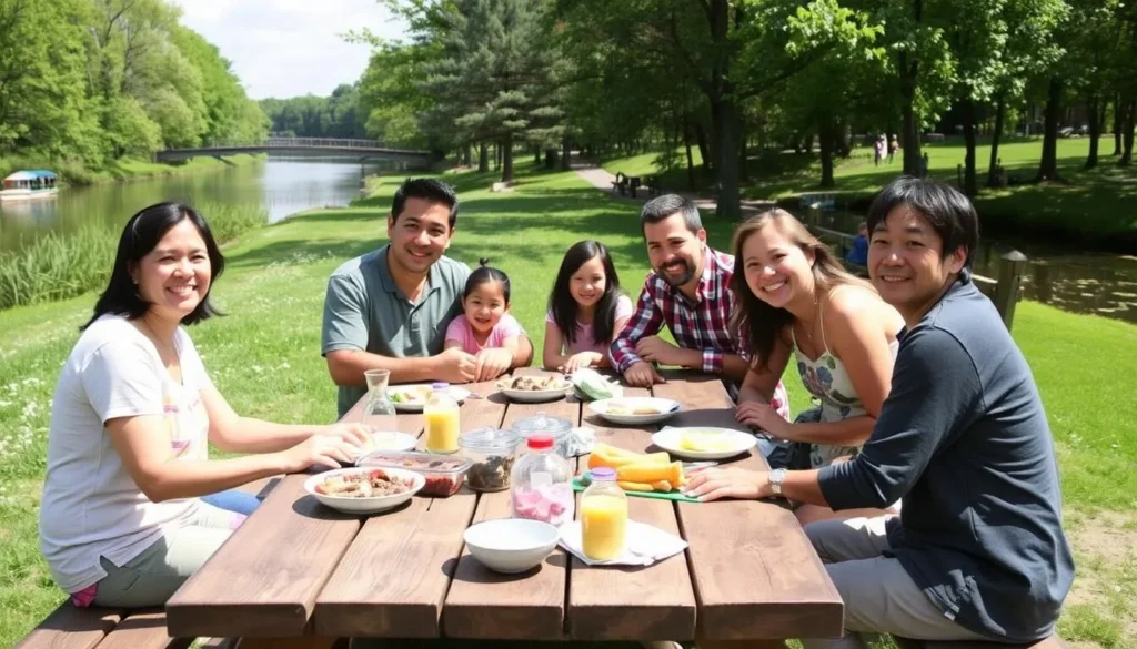 Family enjoying a picnic at one of the Hennepin Canal State Park's picnic areas with the canal visible in the background Family enjoying a picnic at one of the Hennepin Canal State Park's picnic areas with the canal visible in the background
