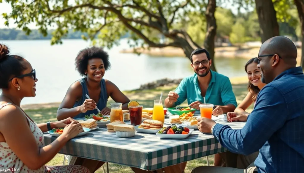 Family enjoying a picnic by Carlyle Lake with food spread on a table Family enjoying a picnic by Carlyle Lake with food spread on a table