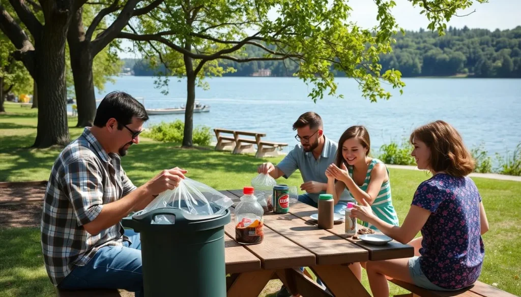 Family enjoying a picnic by Conneaut Lake with proper waste disposal Family enjoying a picnic by Conneaut Lake with proper waste disposal