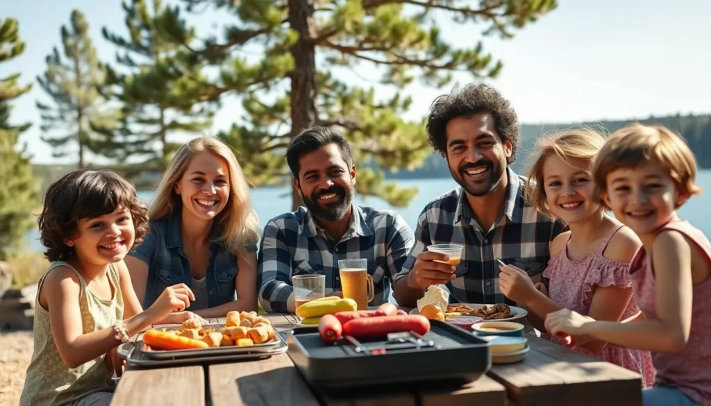 Family enjoying a picnic by Fool Hollow Lake with grilled food and refreshments