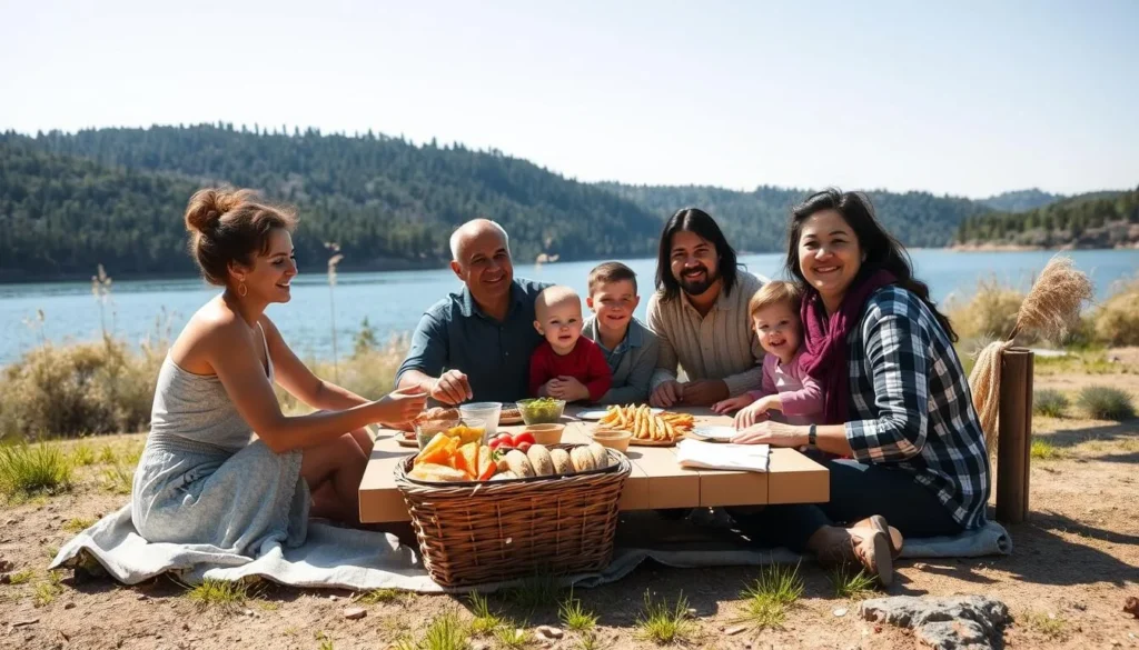 Family enjoying a picnic by Lake of Egypt with a scenic view of the water Family enjoying a picnic by Lake of Egypt with a scenic view of the water