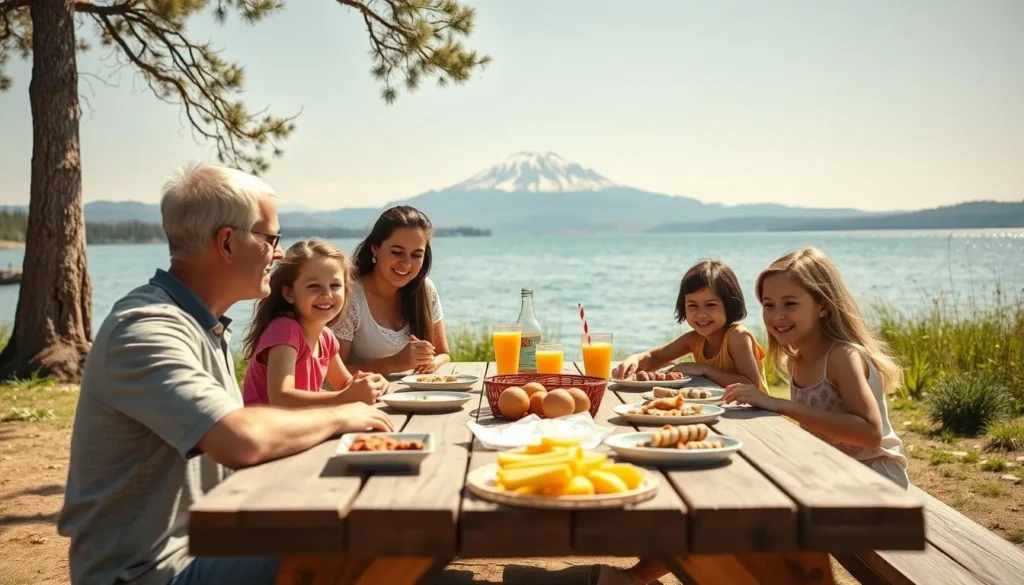 Family enjoying a picnic by a lake with Mount Lassen California things to do visible in the background Family enjoying a picnic by a lake with Mount Lassen California things to do visible in the background
