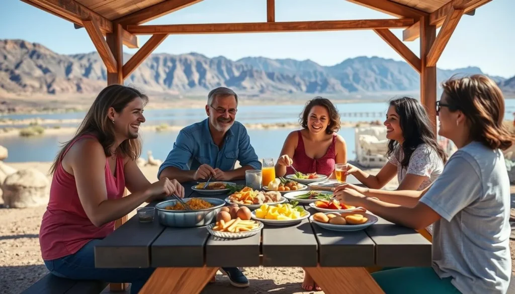 Family enjoying a picnic meal near the shore of Elephant Butte Lake Family enjoying a picnic meal near the shore of Elephant Butte Lake