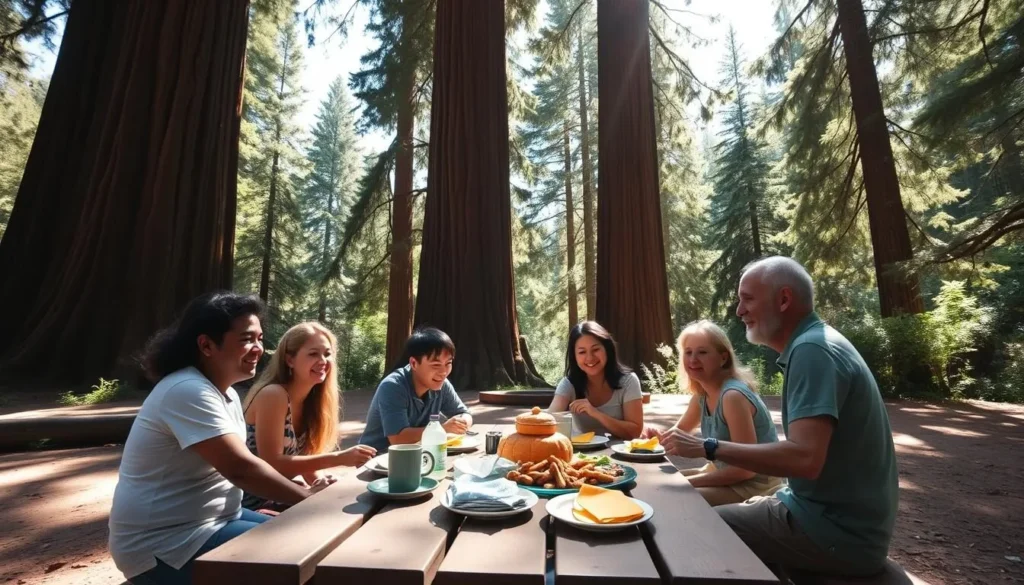 Family enjoying a picnic under redwood trees at the Azalea picnic area in Samuel P. Taylor State Park Family enjoying a picnic under redwood trees at the Azalea picnic area in Samuel P. Taylor State Park